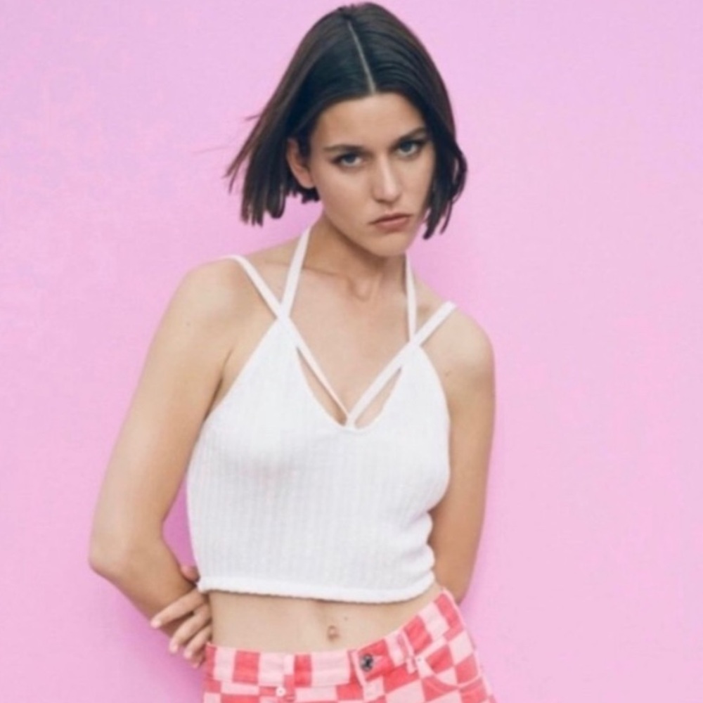 ZARA Women’s White Halter Double Cable Knit Crop Top